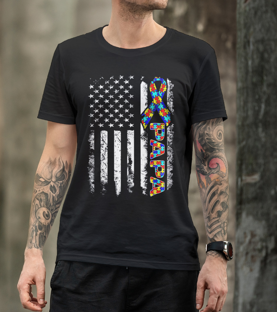 Papa Puzzle Ribbon Autism Awareness American Flag Stars Stripes T-Shirt