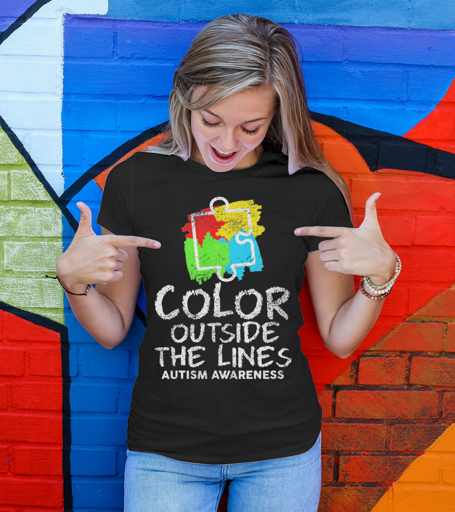 Color Outside The Lines Autism Awareness Puzzle Piece Colors T-Shirt