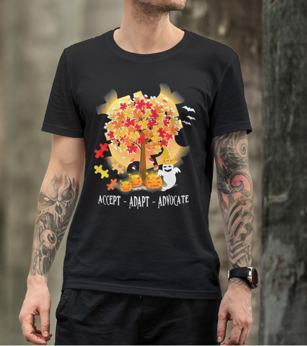 Accept Adapt Advocate Halloween Autism Awareness Ghost Pumpkin Puzzle Bats T-Shirt