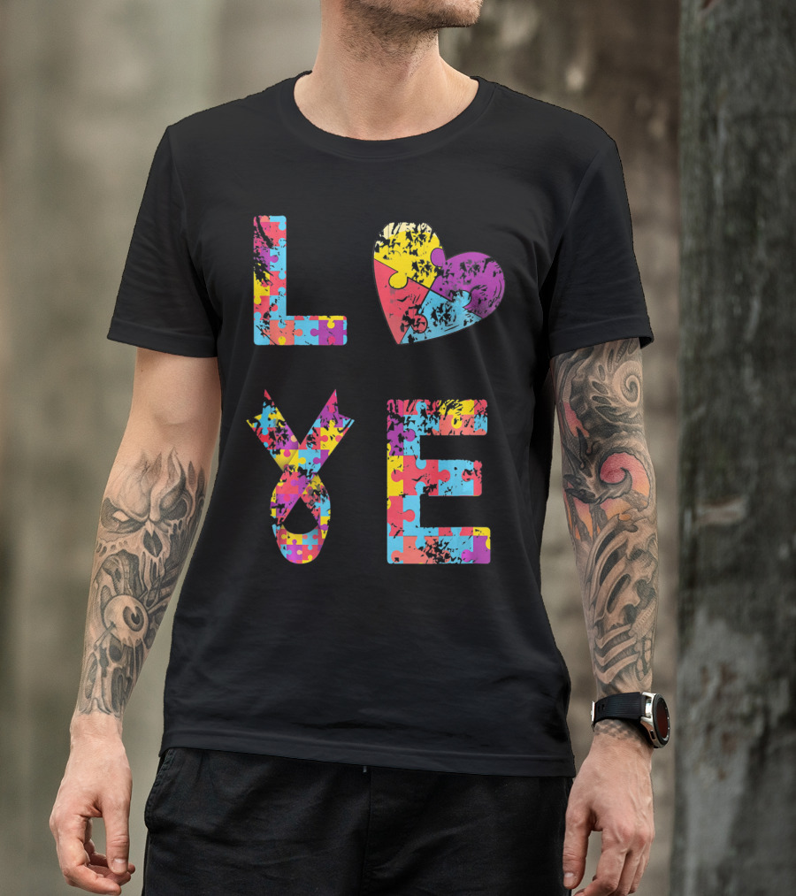 Autism Awareness Love Puzzle Heart Ribbon Design For Women Men Kids Rib T-Shirt