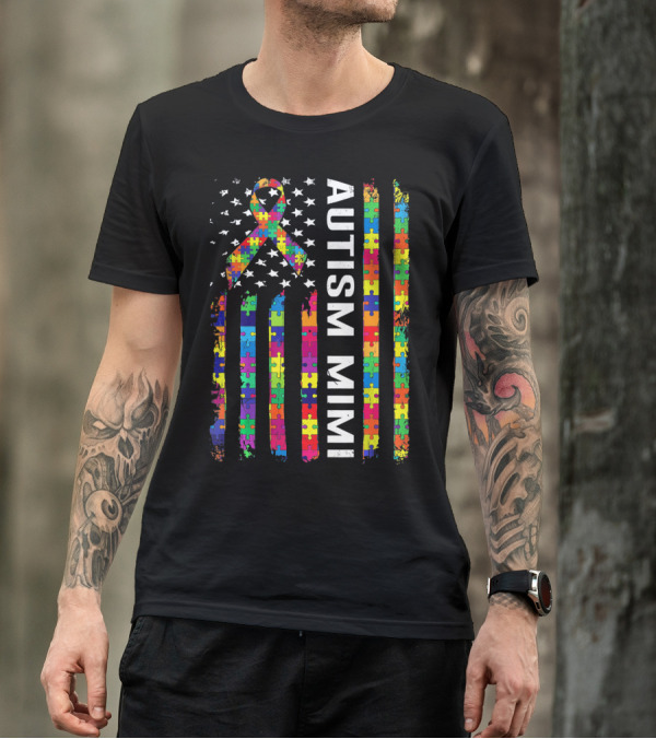 Autism Mimi Puzzle Ribbon American Flag T-Shirt