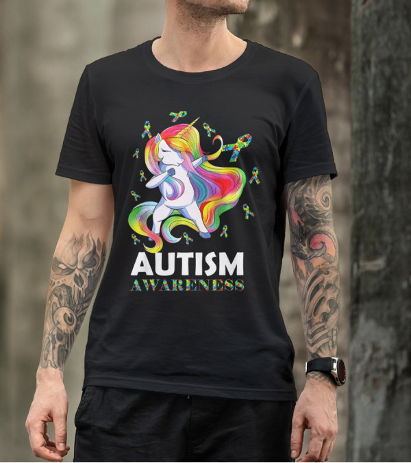 Autism Awareness Dabbing Unicorn With Colorful Puzzle Ribbons T-Shirt