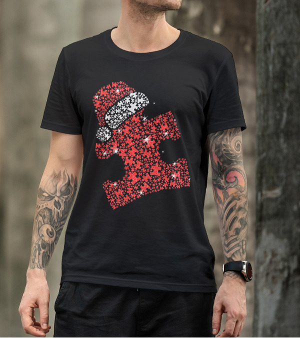 Puzzle Pieces Santa Hat Autism Awareness T-Shirt