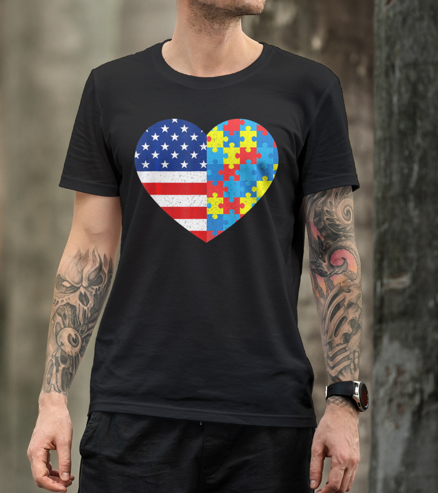 American Flag Heart Autism Awareness Puzzle Piece T-Shirt