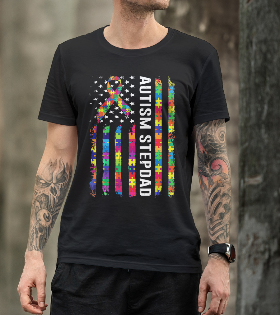 Autism Stepdad American Flag Puzzle T-Shirt