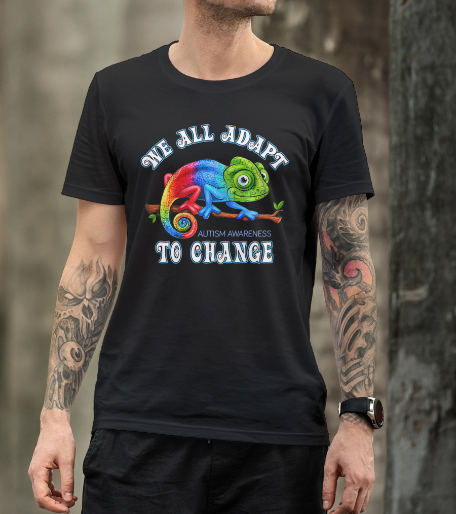 We All Adapt To Change Autism Awareness Chameleon Puzzle Colors T-Shirt