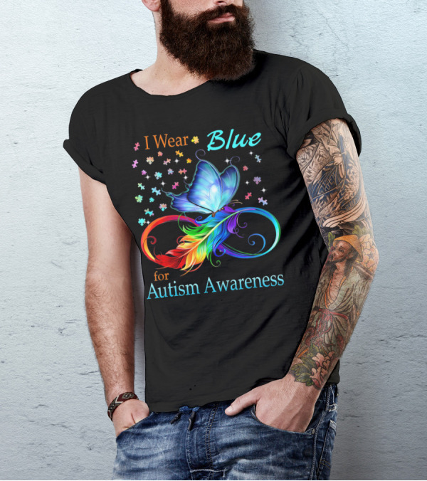 I Wear Blue For Autism Awareness Butterfly Ribbon Puzzle Pieces T-Shirt