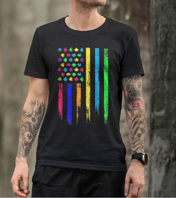 USA Flag Puzzle Pieces Rainbow Stripes T-Shirt