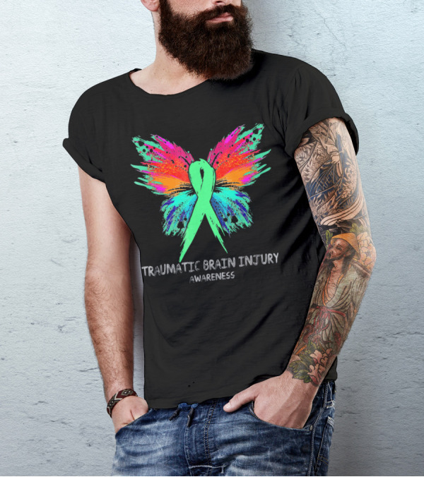 TRAUMATIC BRAIN INJURY Awareness Ribbon Colorful Butterfly T-Shirt