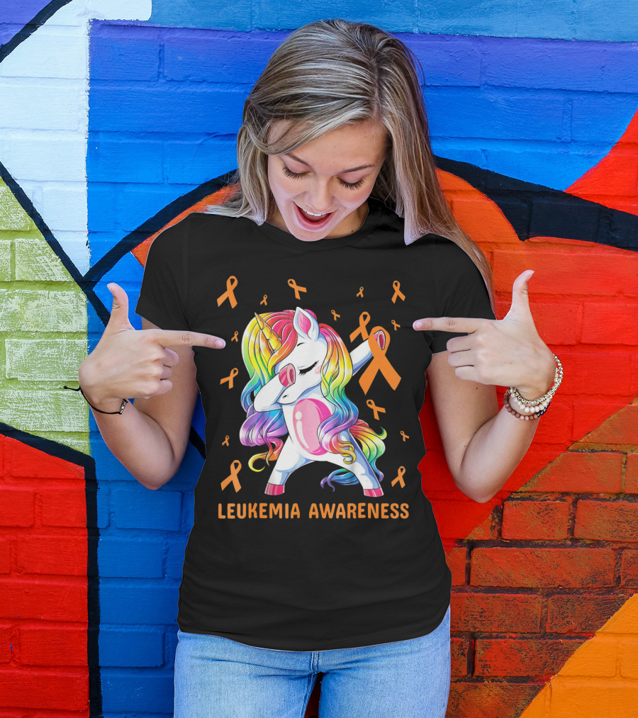 Rainbow Unicorn Dabbing Leukemia Awareness Orange T-Shirt