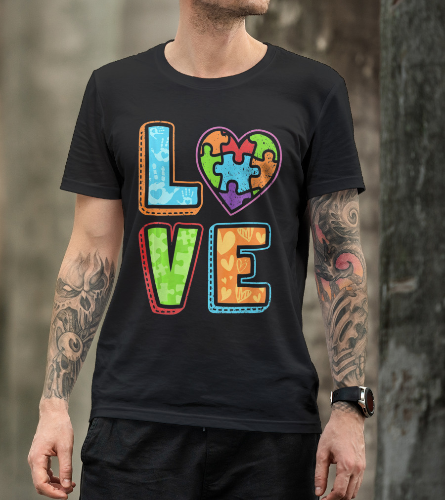 LOVE Heart Autism Awareness Puzzle Handprints T-Shirt