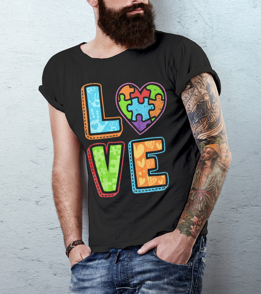 LOVE Heart Autism Awareness Puzzle Handprints T-Shirt