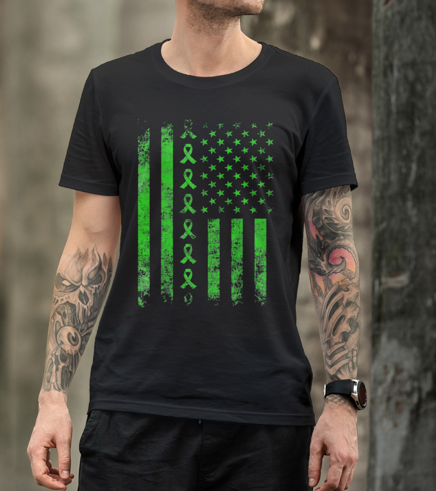Green Ribbon US Flag Cerebral Palsy Awareness T-Shirt