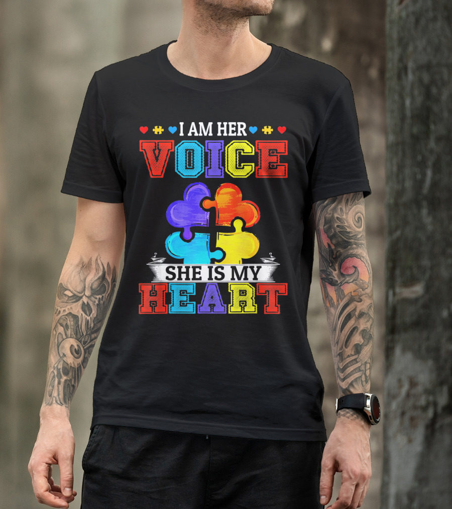 I Am Her Voice She Is My Heart Autism Puzzle Pieces T-Shirt