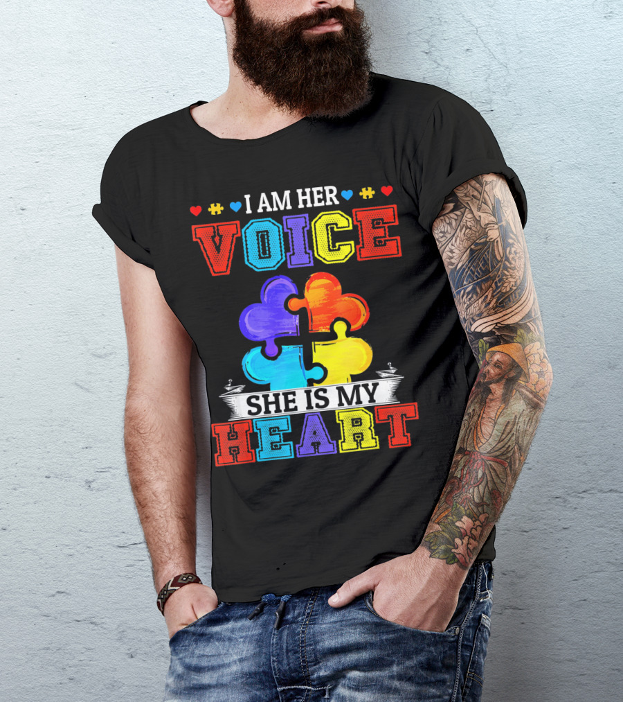 I Am Her Voice She Is My Heart Autism Puzzle Pieces T-Shirt