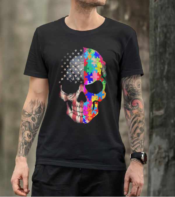 American Flag Autism Awareness Skull Puzzle Pieces Sku T-Shirt