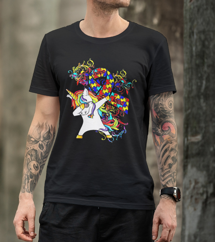 Unicorn Dabbing Hope Love Autism Awareness Puzzle T-Shirt