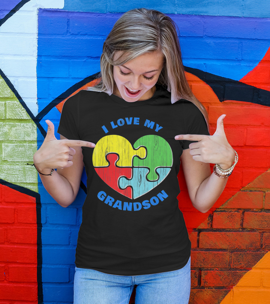 I Love My Grandson Puzzle Heart Autism Support T-Shirt