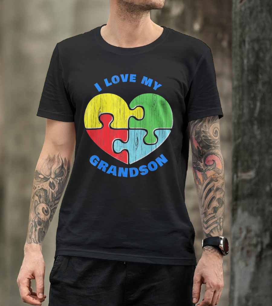 I Love My Grandson Puzzle Heart Autism Support T-Shirt