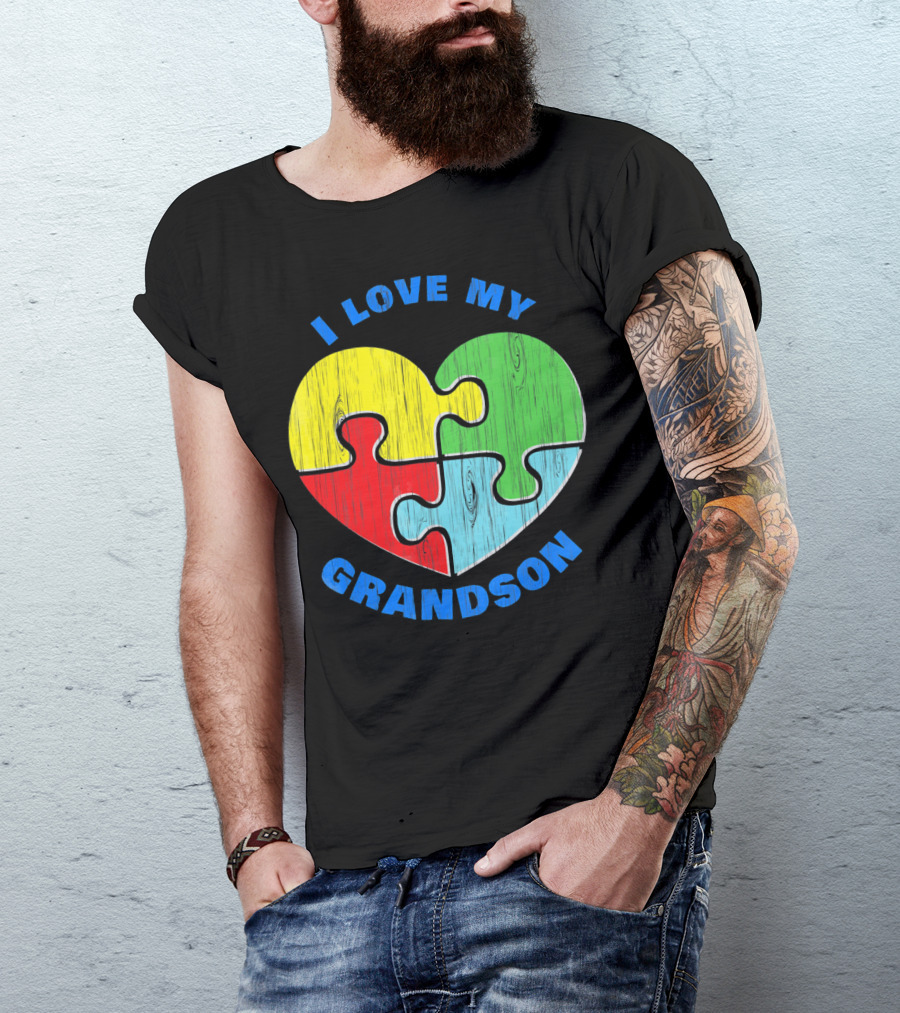 I Love My Grandson Puzzle Heart Autism Support T-Shirt