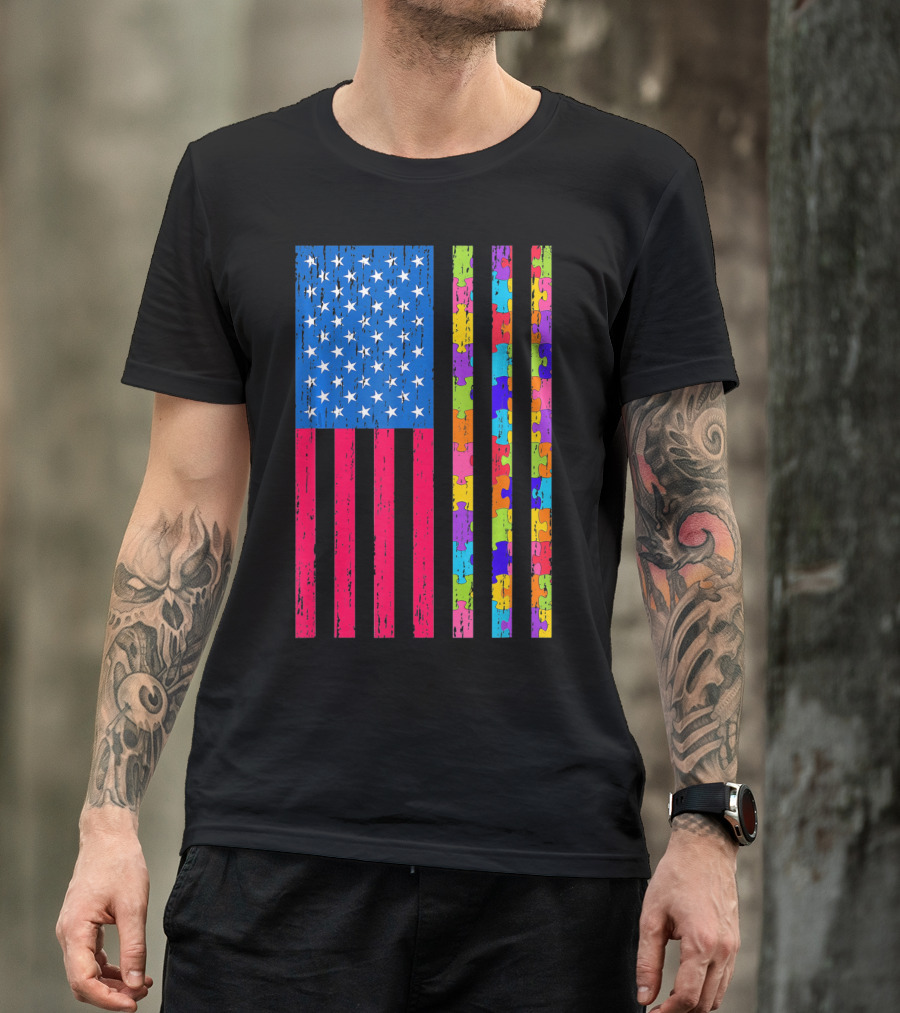Autism Puzzle Piece American Flag USA T-Shirt