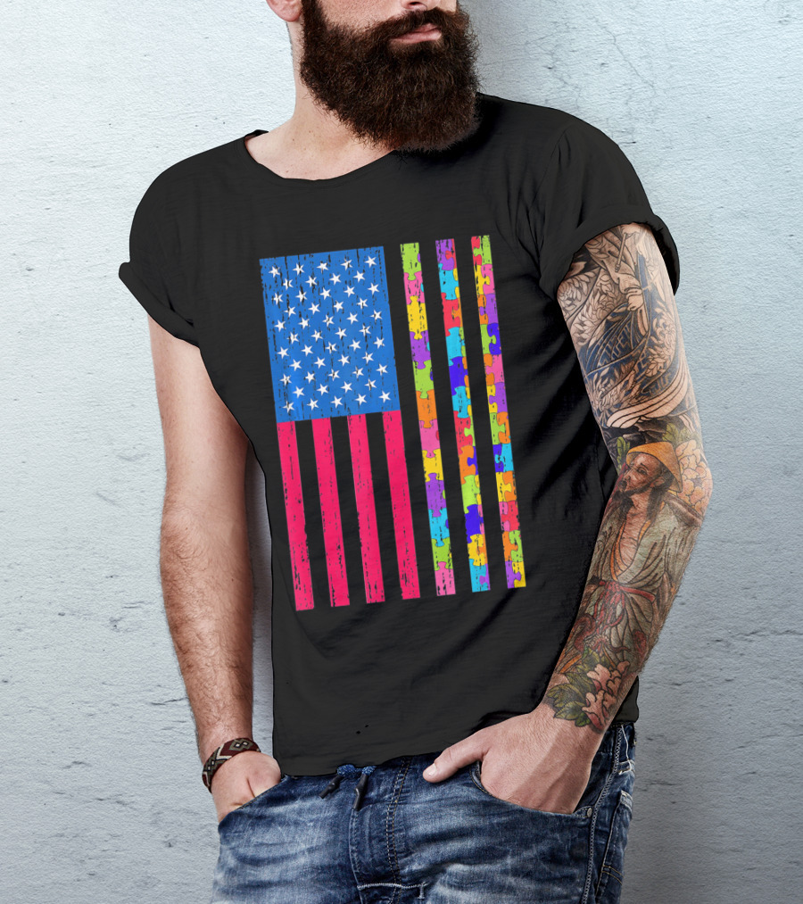 Autism Puzzle Piece American Flag USA T-Shirt