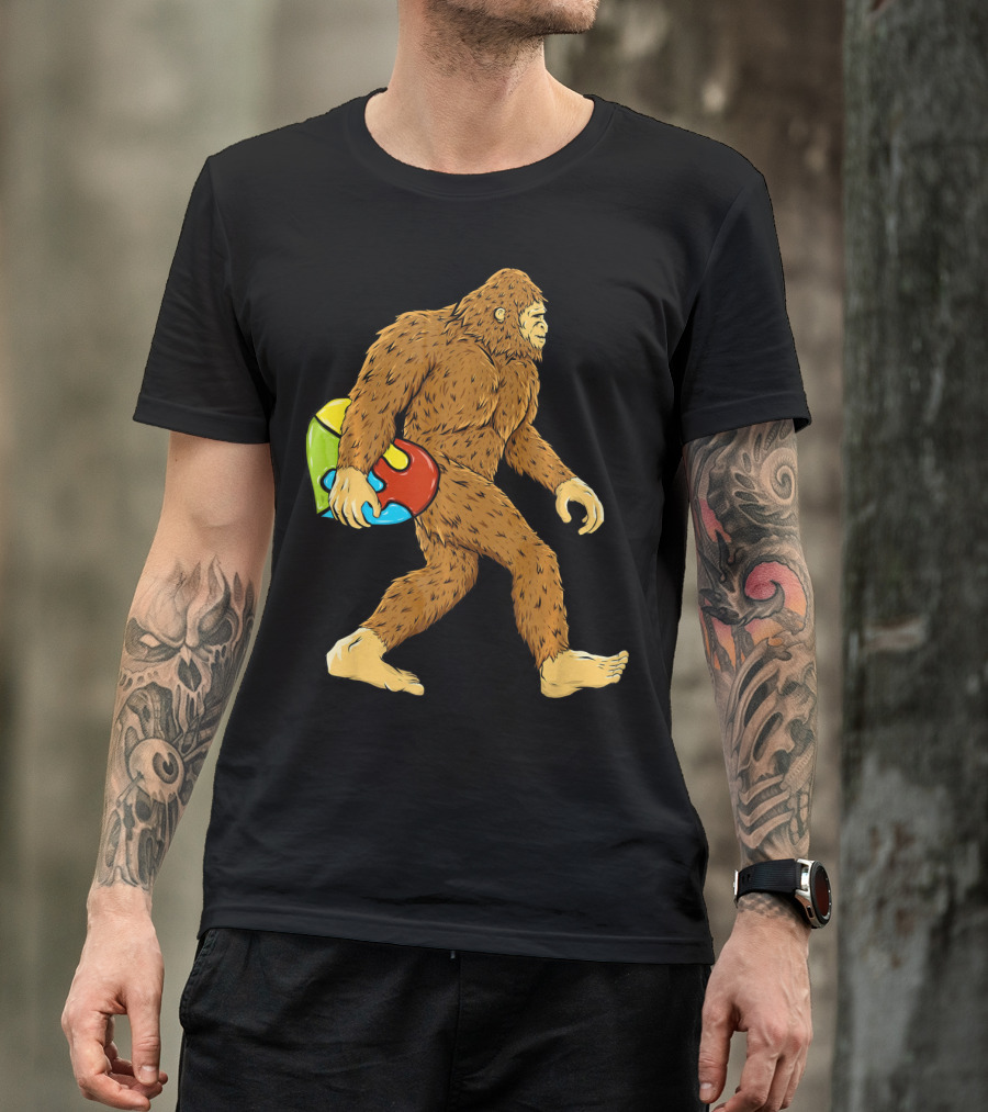 Autism Awareness Bigfoot Carrying Puzzle Heart T-Shirt