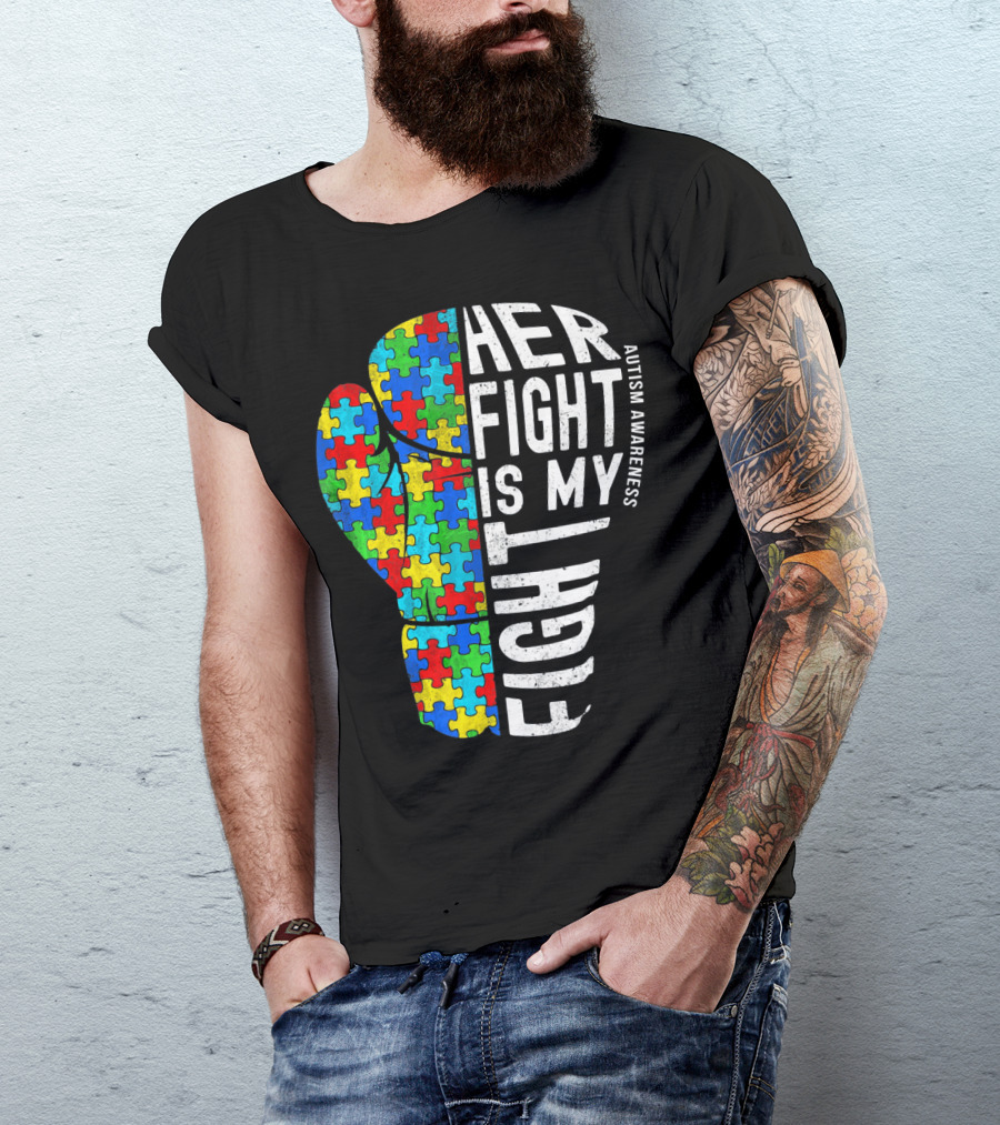 Autism Awareness Her Fight Is My Fight Boxing Glove Puzzle T-Shirt
