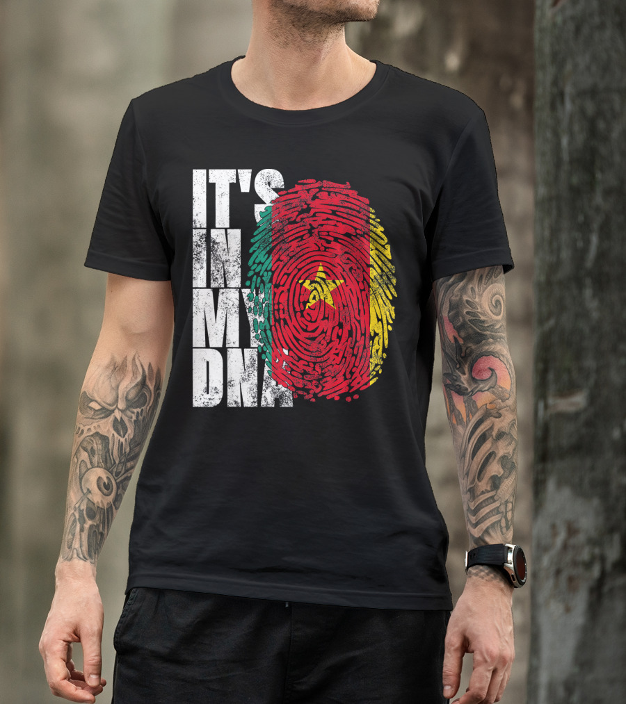 IT'S IN MY DNA Cameroonian Afro American Flag Fingerprint T-Shirt