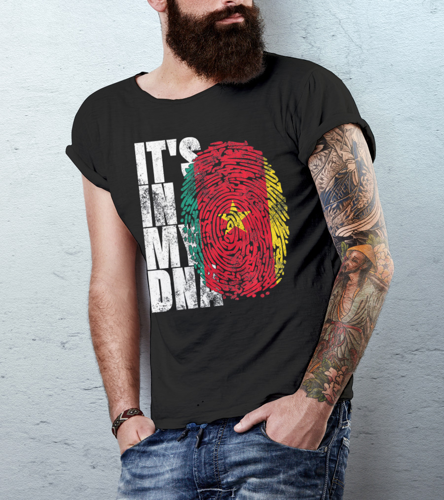 IT'S IN MY DNA Cameroonian Afro American Flag Fingerprint T-Shirt