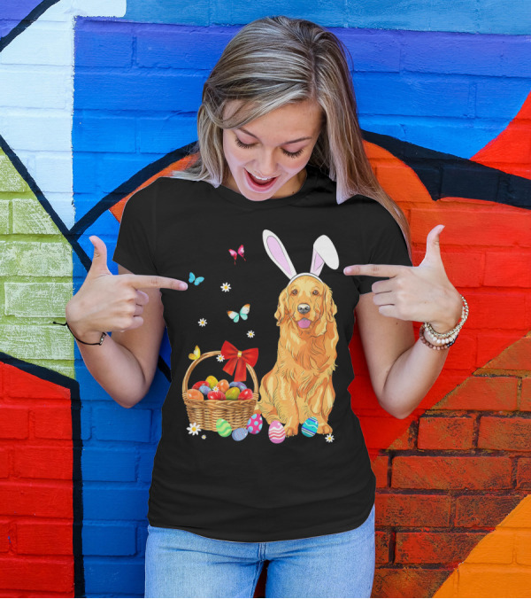 Golden Retriever Bunny Ears Easter Eggs Basket Butterflies T-Shirt