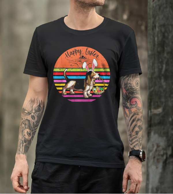 Vintage Basset Hound Dog Happy Easter Eggs T-Shirt