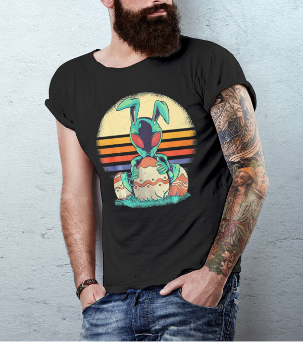 Easter Alien With Bunny Ears Holding Egg Sunset Stripes T-Shirt