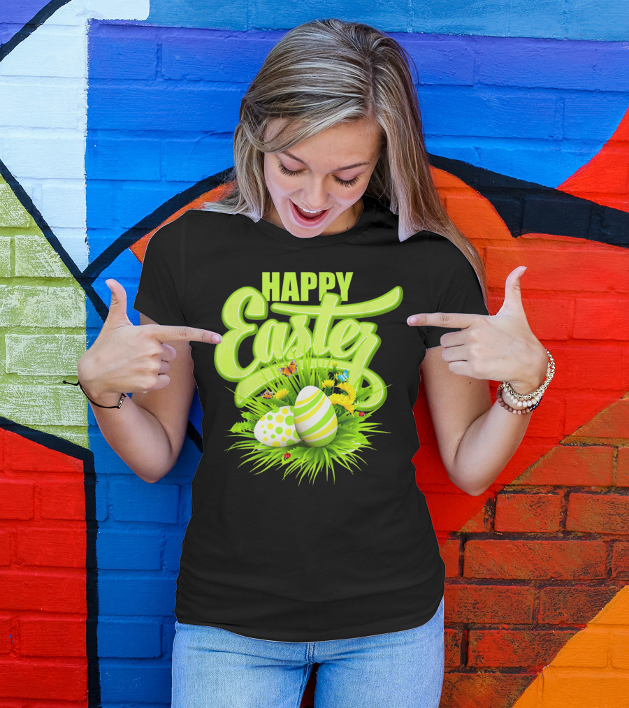 Happy Easter Eggs Green Spring Flowers Butterflies T-Shirt