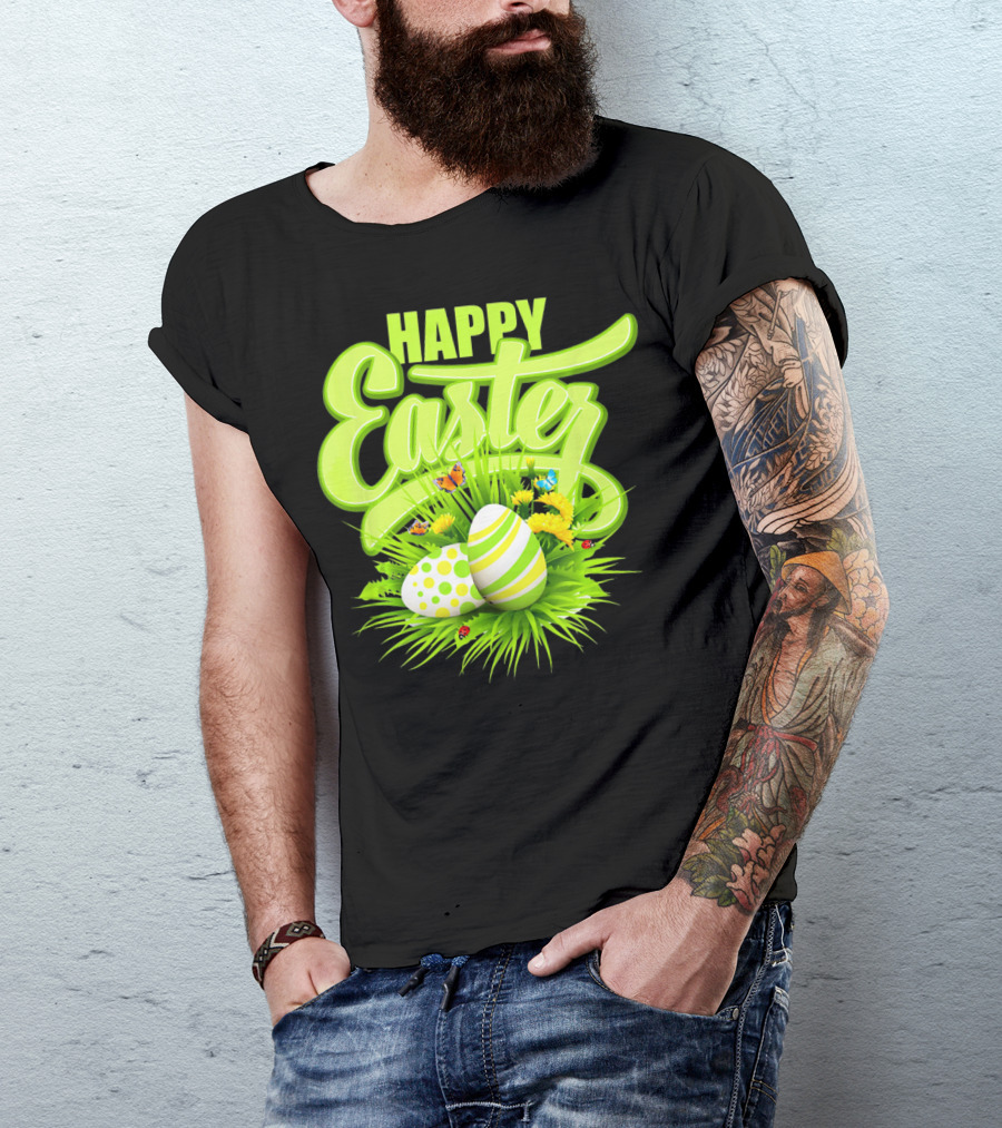 Happy Easter Eggs Green Spring Flowers Butterflies T-Shirt