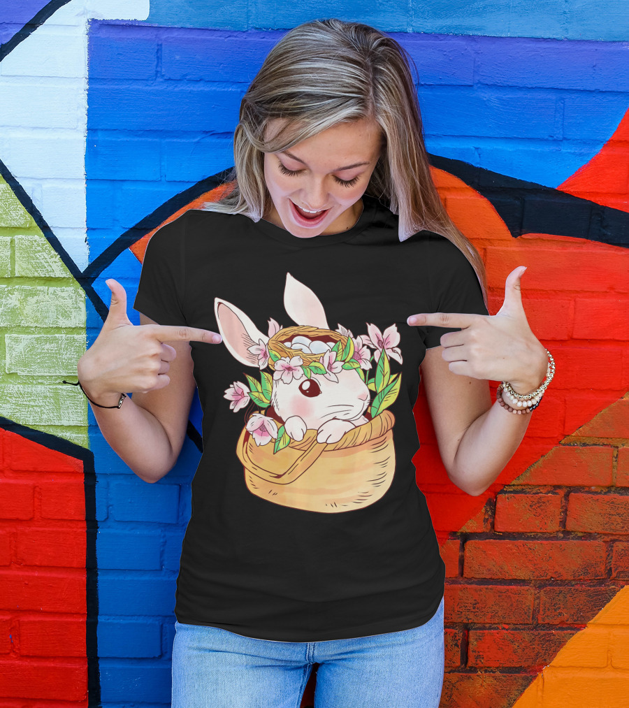 Cute Easter Bunny Girl Floral Basket T-Shirt