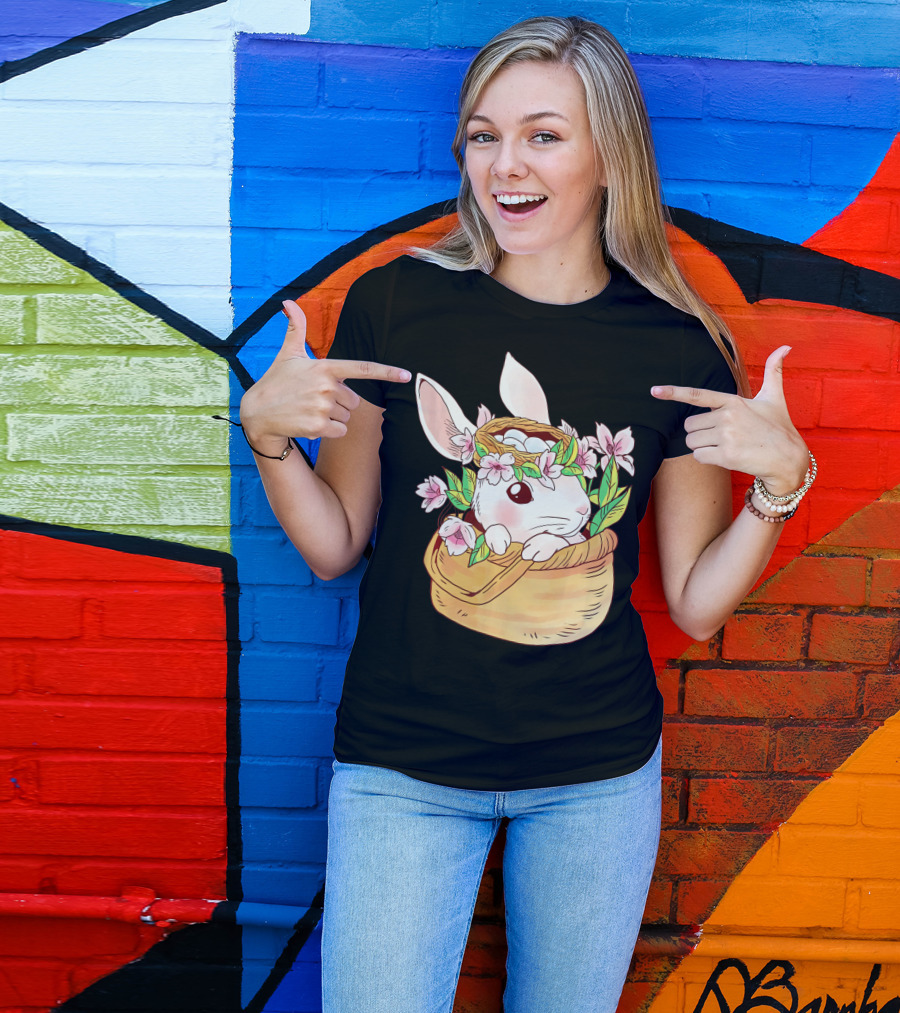 Cute Easter Bunny Girl Floral Basket T-Shirt