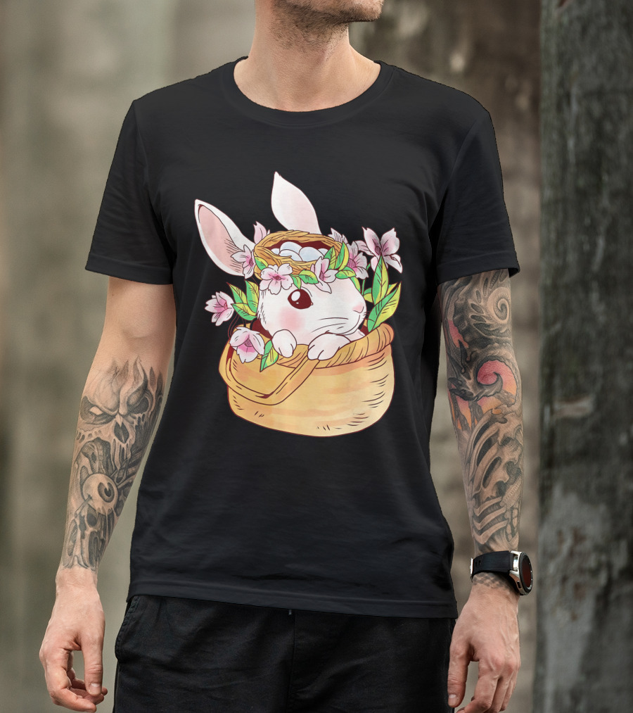 Cute Easter Bunny Girl Floral Basket T-Shirt