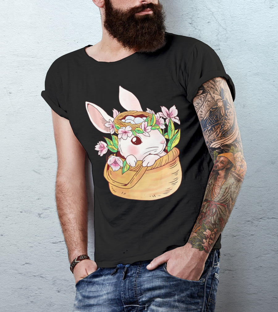 Cute Easter Bunny Girl Floral Basket T-Shirt