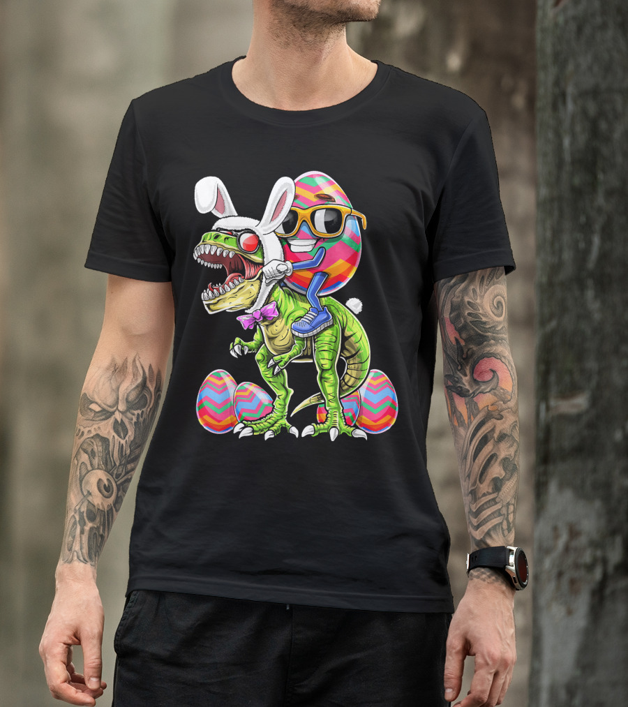 Easter Bunny Dinosaur With Egg Rabbit Ears And Sunglasses T-Shirt