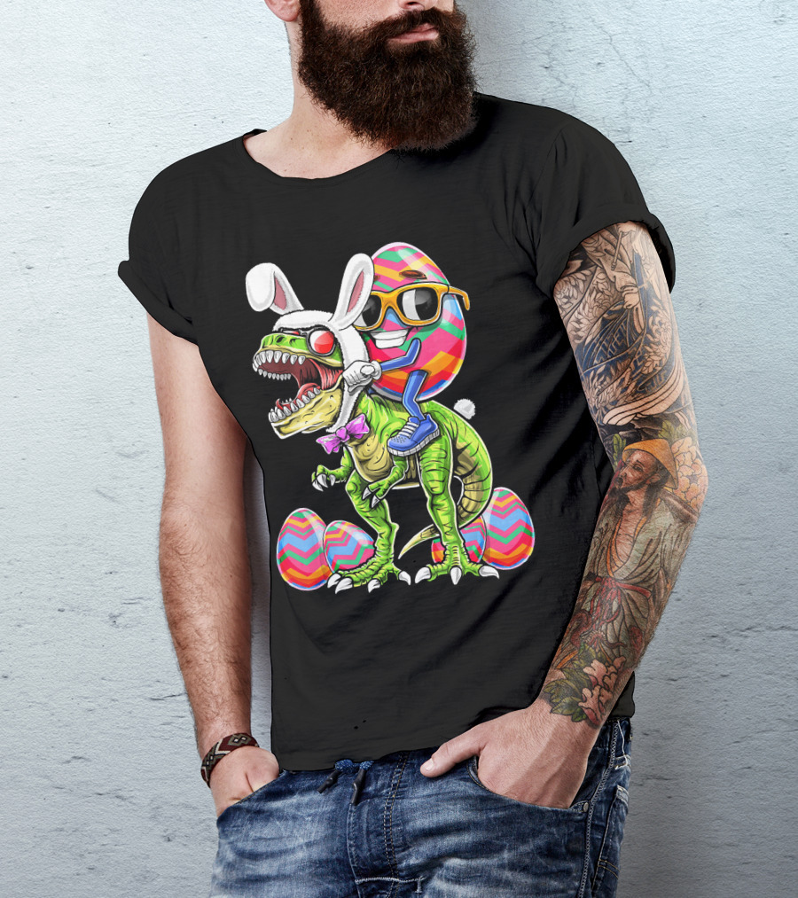 Easter Bunny Dinosaur With Egg Rabbit Ears And Sunglasses T-Shirt