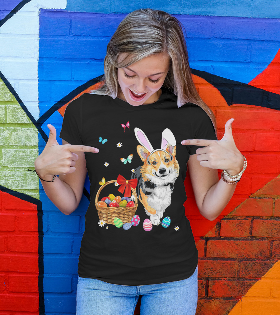 Welsh Corgi Bunny Ear Rabbit Easter Eggs Basket Butterflies T-Shirt