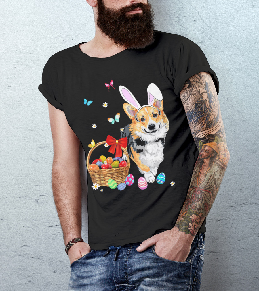 Welsh Corgi Bunny Ear Rabbit Easter Eggs Basket Butterflies T-Shirt