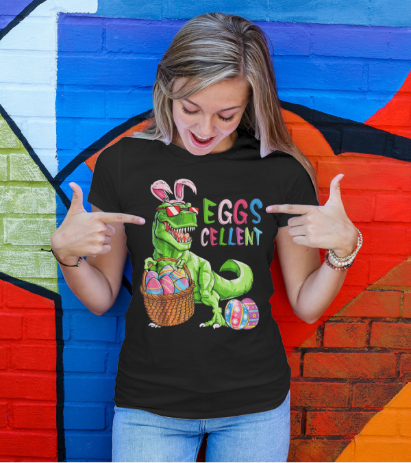 EGGS-cellent Green Dinosaur With Bunny Ears And Easter Eggs T-Shirt