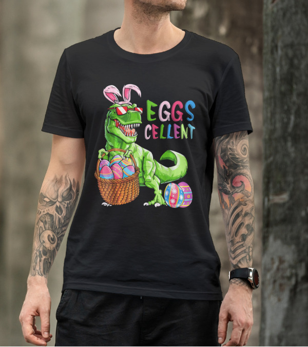 EGGS-cellent Green Dinosaur With Bunny Ears And Easter Eggs T-Shirt