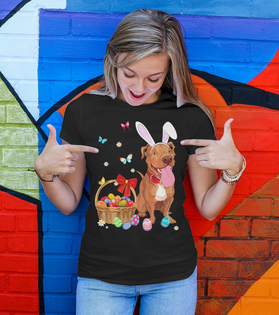Pitbull With Bunny Ears And Easter Eggs Basket With Butterflies And Flowers T-Shirt