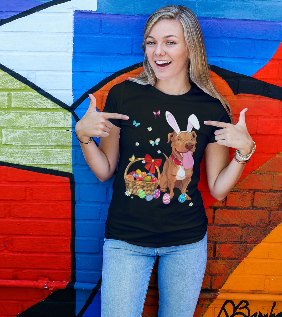 Pitbull With Bunny Ears And Easter Eggs Basket With Butterflies And Flowers T-Shirt