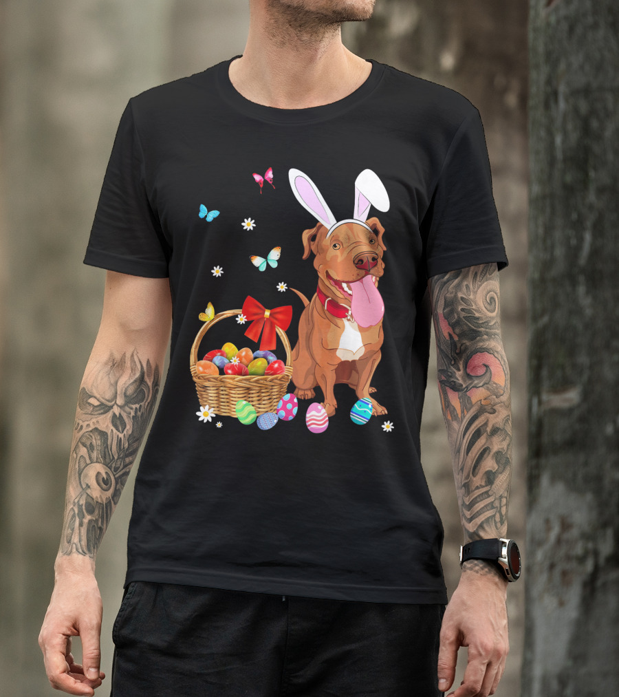 Pitbull With Bunny Ears And Easter Eggs Basket With Butterflies And Flowers T-Shirt