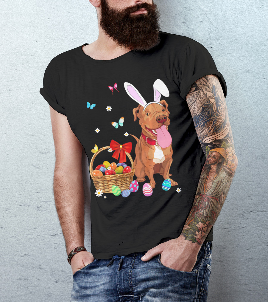 Pitbull With Bunny Ears And Easter Eggs Basket With Butterflies And Flowers T-Shirt
