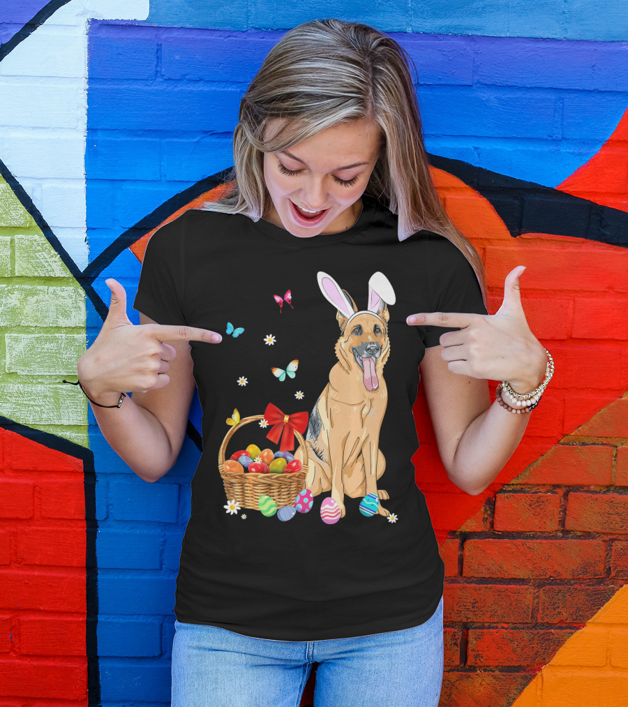 German Shepherd Bunny Ears Rabbit Easter Eggs Basket Butterflies T-Shirt